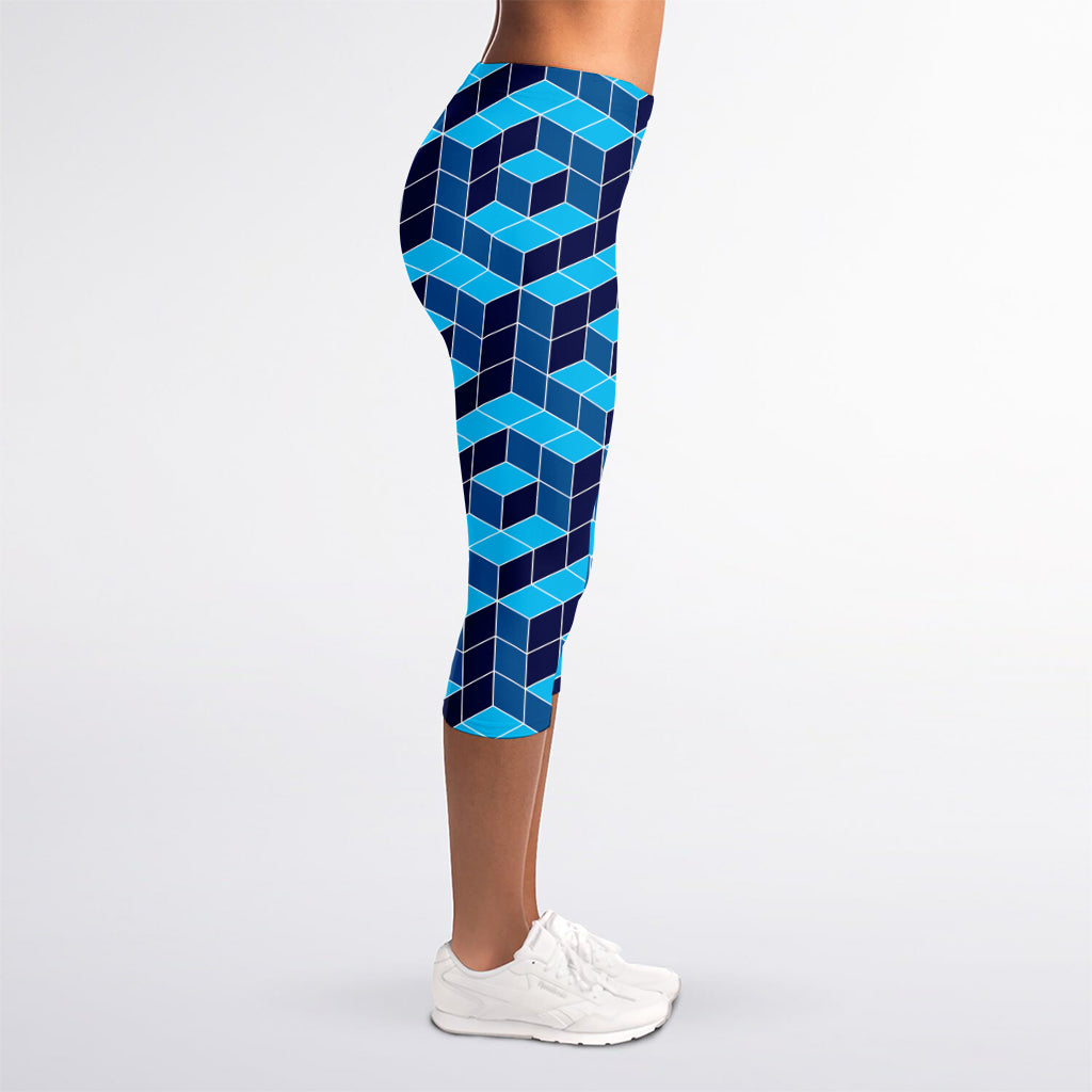 Blue Geometric Cube Shape Pattern Print Women's Capri Leggings