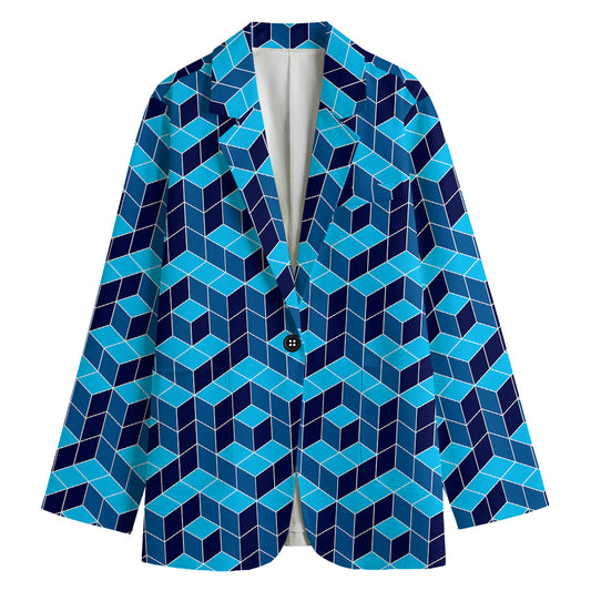 Blue Geometric Cube Shape Pattern Print Women's Cotton Blazer