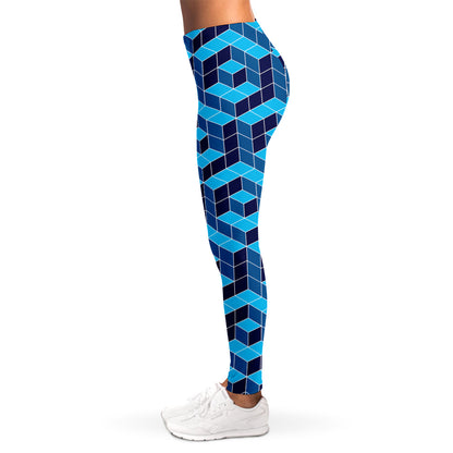 Blue Geometric Cube Shape Pattern Print Women's Leggings
