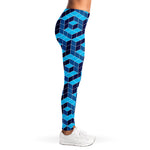 Blue Geometric Cube Shape Pattern Print Women's Leggings