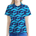 Blue Geometric Cube Shape Pattern Print Women's Polo Shirt