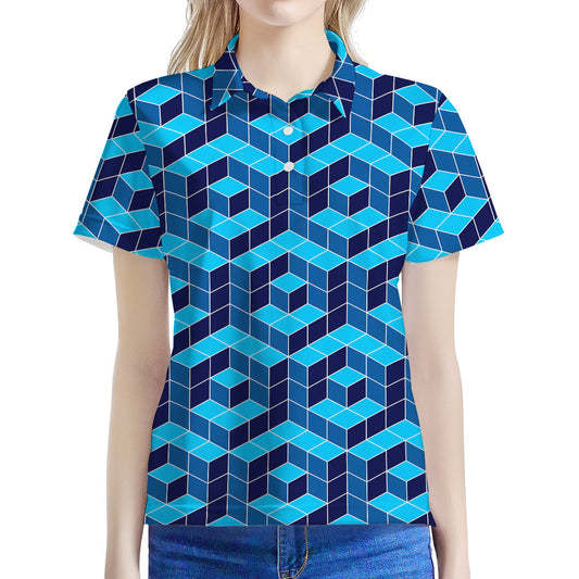 Blue Geometric Cube Shape Pattern Print Women's Polo Shirt
