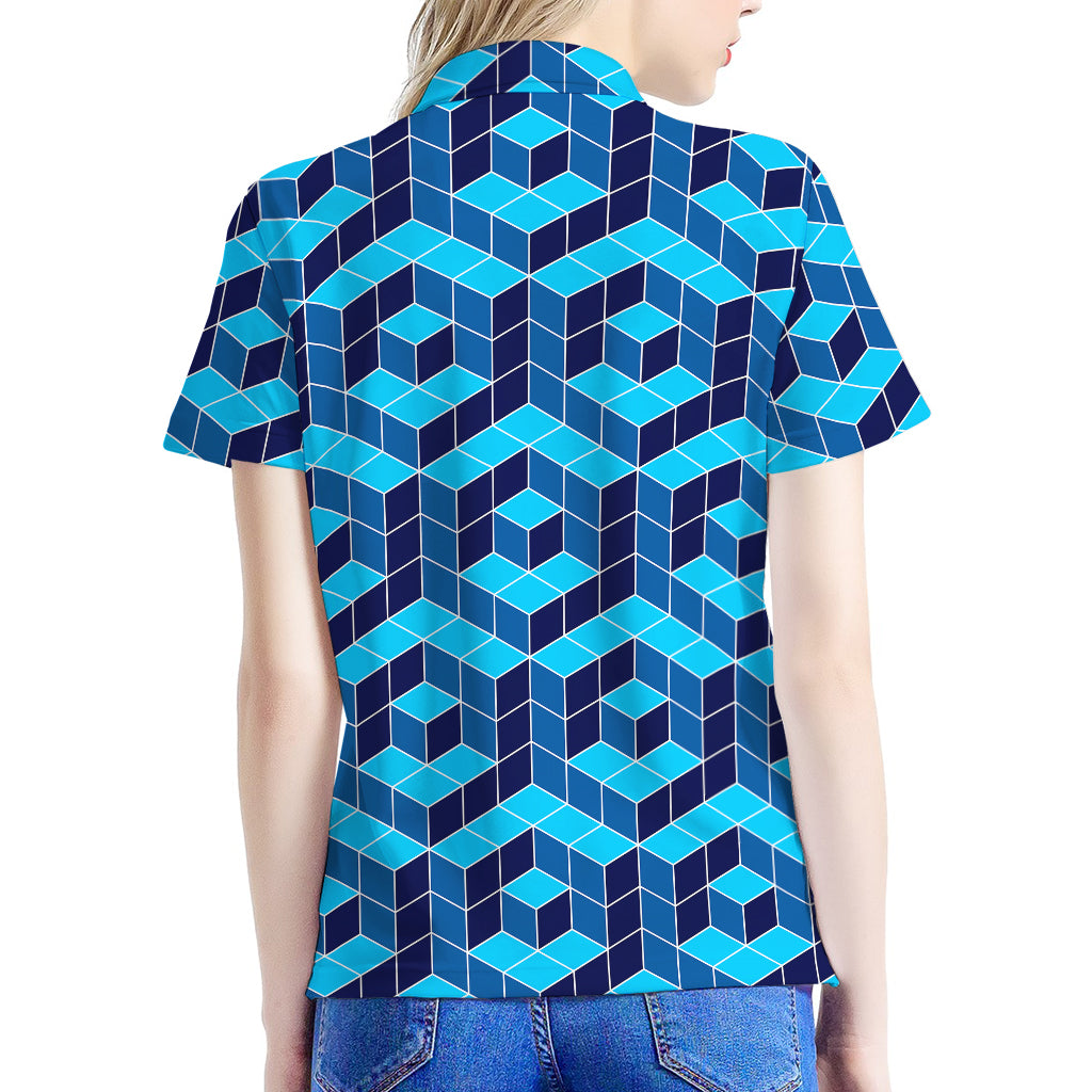 Blue Geometric Cube Shape Pattern Print Women's Polo Shirt