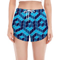 Blue Geometric Cube Shape Pattern Print Women's Split Running Shorts