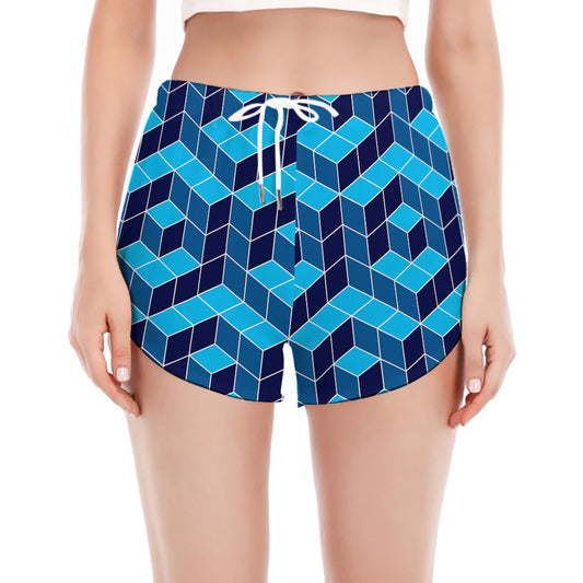 Blue Geometric Cube Shape Pattern Print Women's Split Running Shorts