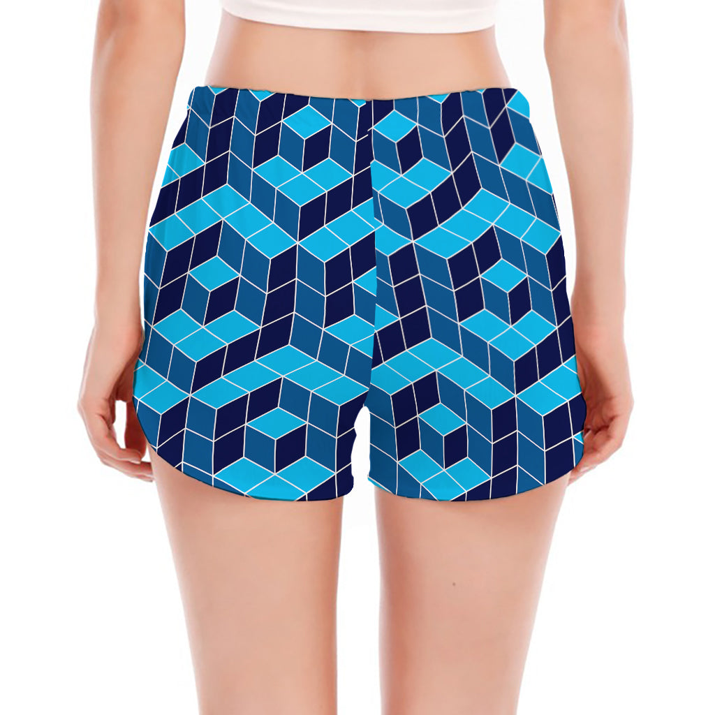 Blue Geometric Cube Shape Pattern Print Women's Split Running Shorts