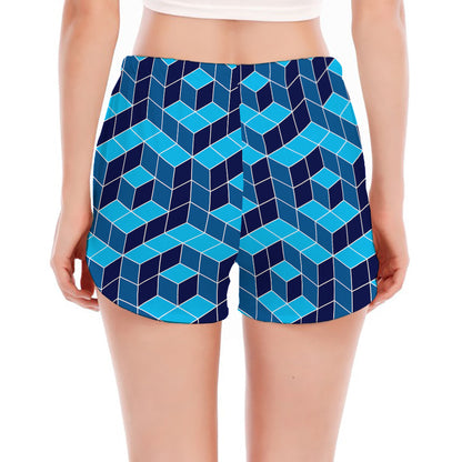 Blue Geometric Cube Shape Pattern Print Women's Split Running Shorts