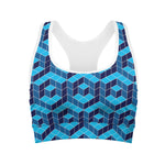 Blue Geometric Cube Shape Pattern Print Women's Sports Bra