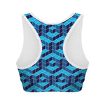 Blue Geometric Cube Shape Pattern Print Women's Sports Bra