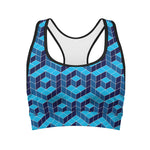 Blue Geometric Cube Shape Pattern Print Women's Sports Bra