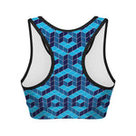 Blue Geometric Cube Shape Pattern Print Women's Sports Bra