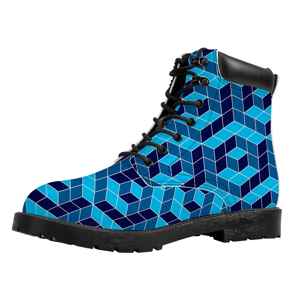 Blue Geometric Cube Shape Pattern Print Work Boots