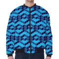 Blue Geometric Cube Shape Pattern Print Zip Sleeve Bomber Jacket