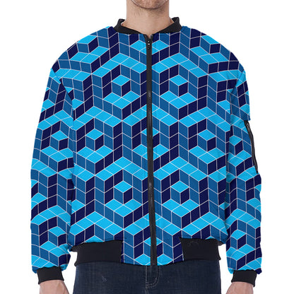 Blue Geometric Cube Shape Pattern Print Zip Sleeve Bomber Jacket