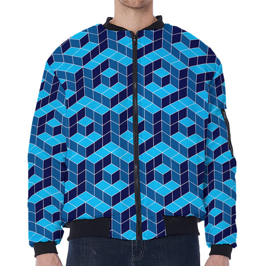 Blue Geometric Cube Shape Pattern Print Zip Sleeve Bomber Jacket