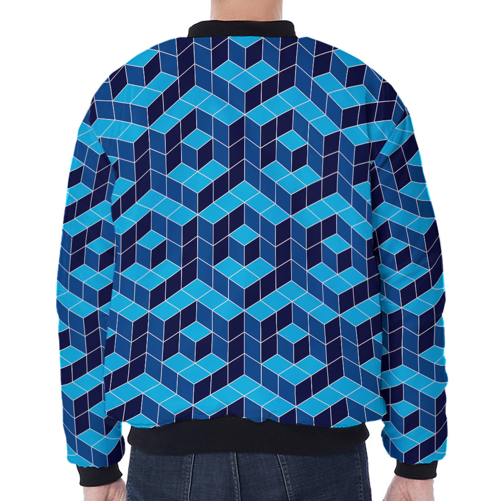 Blue Geometric Cube Shape Pattern Print Zip Sleeve Bomber Jacket