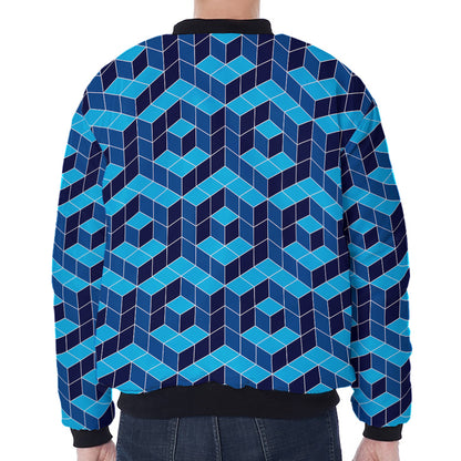 Blue Geometric Cube Shape Pattern Print Zip Sleeve Bomber Jacket