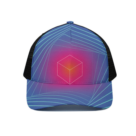 Blue Geometric EDM Light Print Black Mesh Trucker Cap