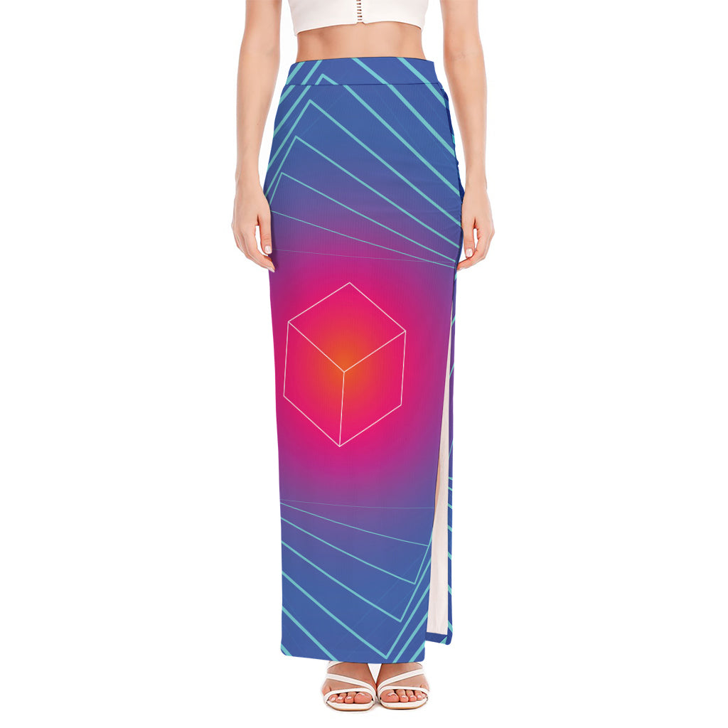 Blue Geometric EDM Light Print High Slit Maxi Skirt