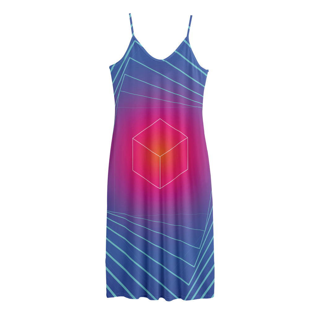 Blue Geometric EDM Light Print Jersey Midi Cami Dress