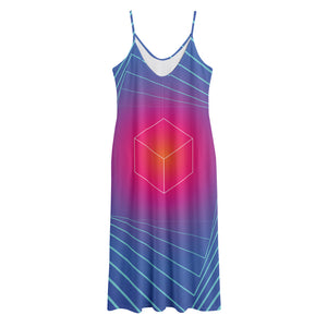 Blue Geometric EDM Light Print Jersey Midi Cami Dress