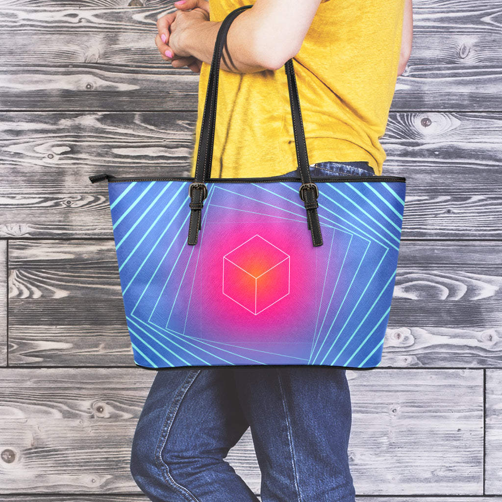 Blue Geometric EDM Light Print Leather Tote Bag