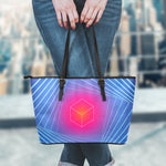 Blue Geometric EDM Light Print Leather Tote Bag