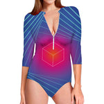 Blue Geometric EDM Light Print Long Sleeve Swimsuit