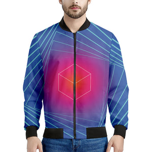 Blue Geometric EDM Light Print Men's Bomber Jacket