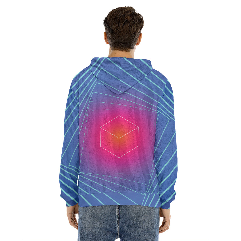 Blue Geometric EDM Light Print Men's Velvet Pullover Hoodie