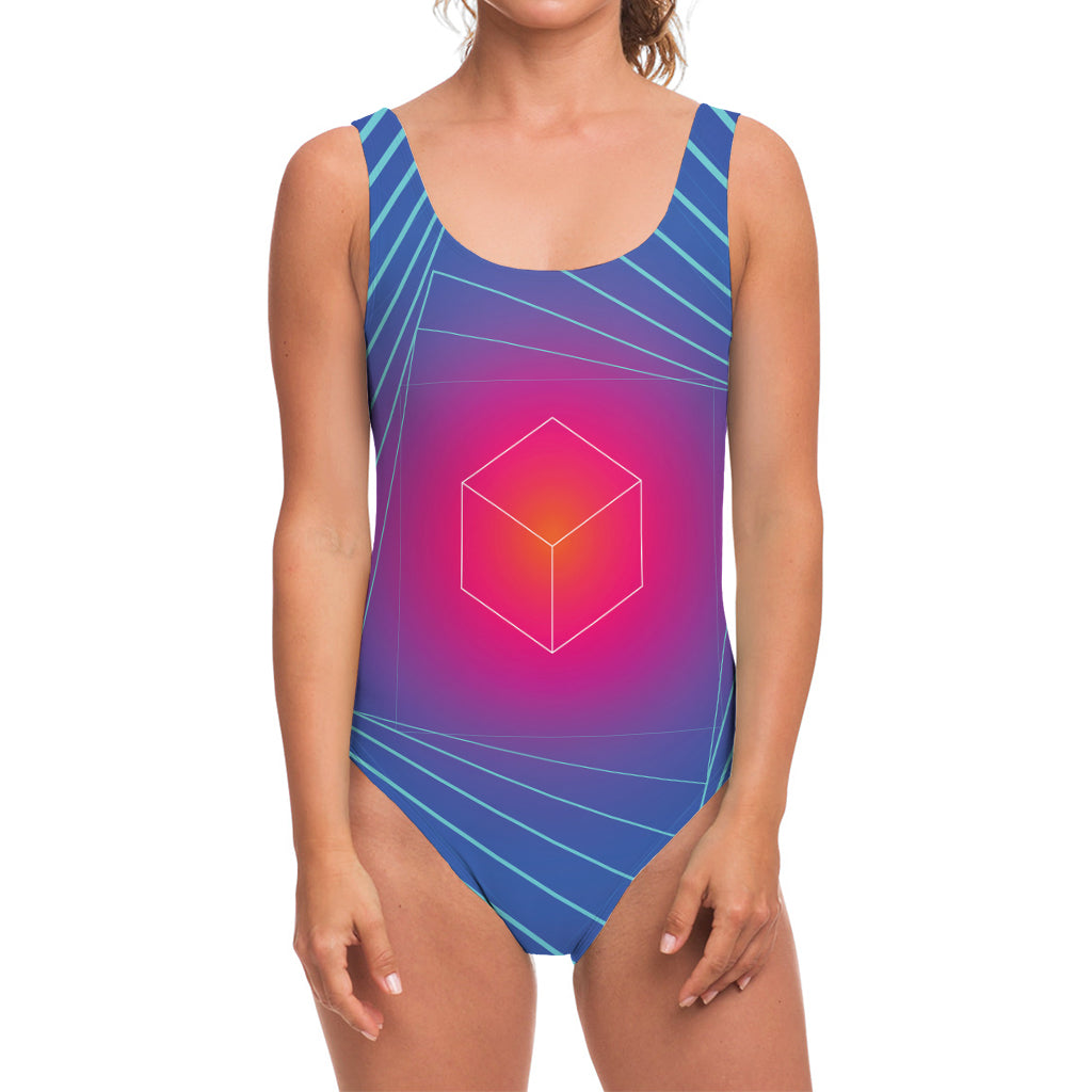 Blue Geometric EDM Light Print One Piece Swimsuit