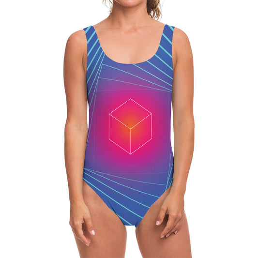 Blue Geometric EDM Light Print One Piece Swimsuit