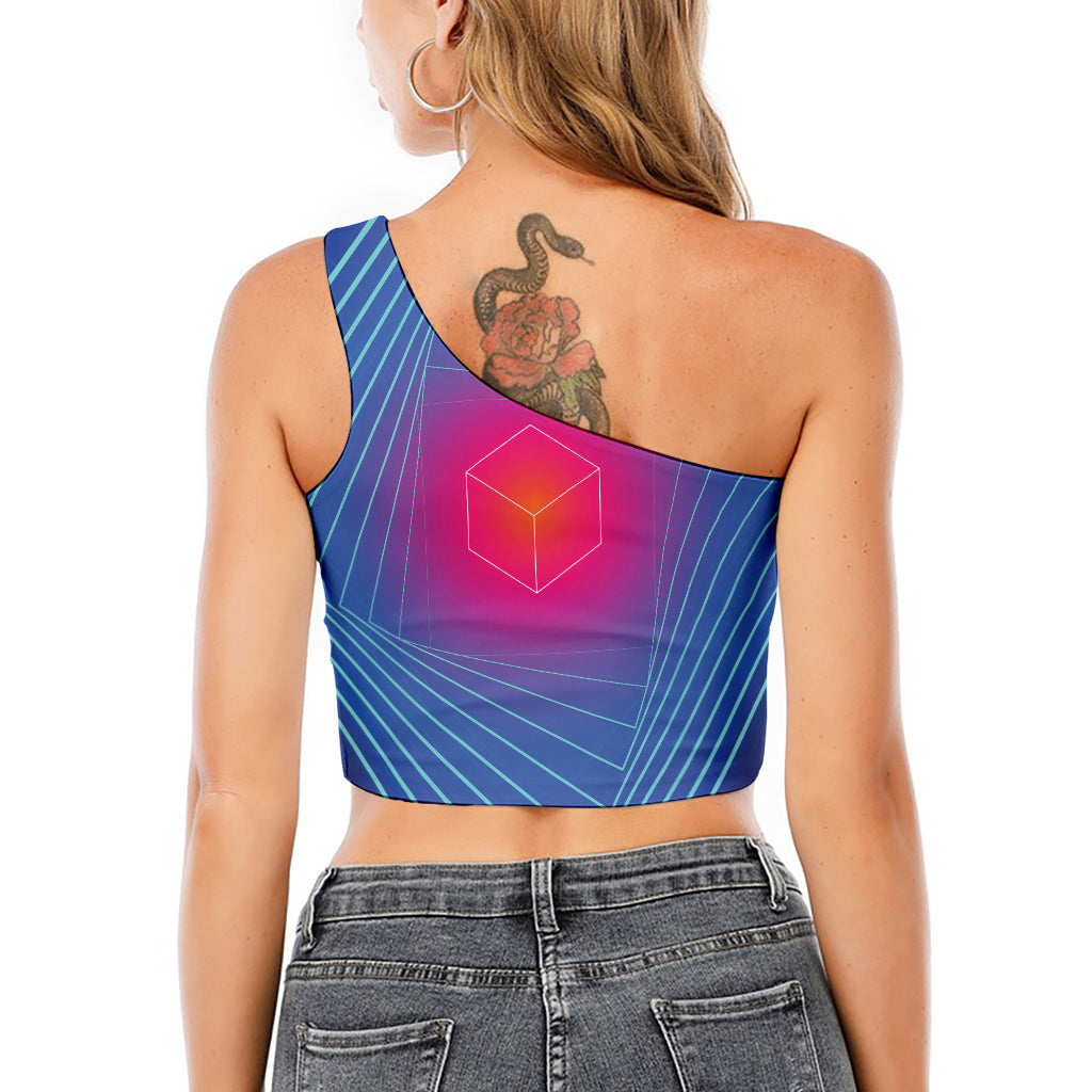 Blue Geometric EDM Light Print One Shoulder Crop Top