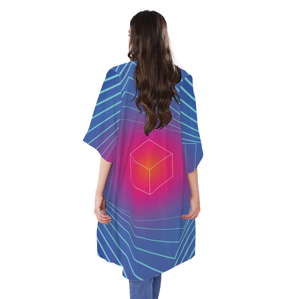 Blue Geometric EDM Light Print Open Front Beach Cover Up