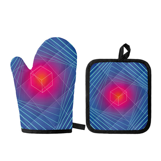 Blue Geometric EDM Light Print Oven Mitt And Pot Holder Set
