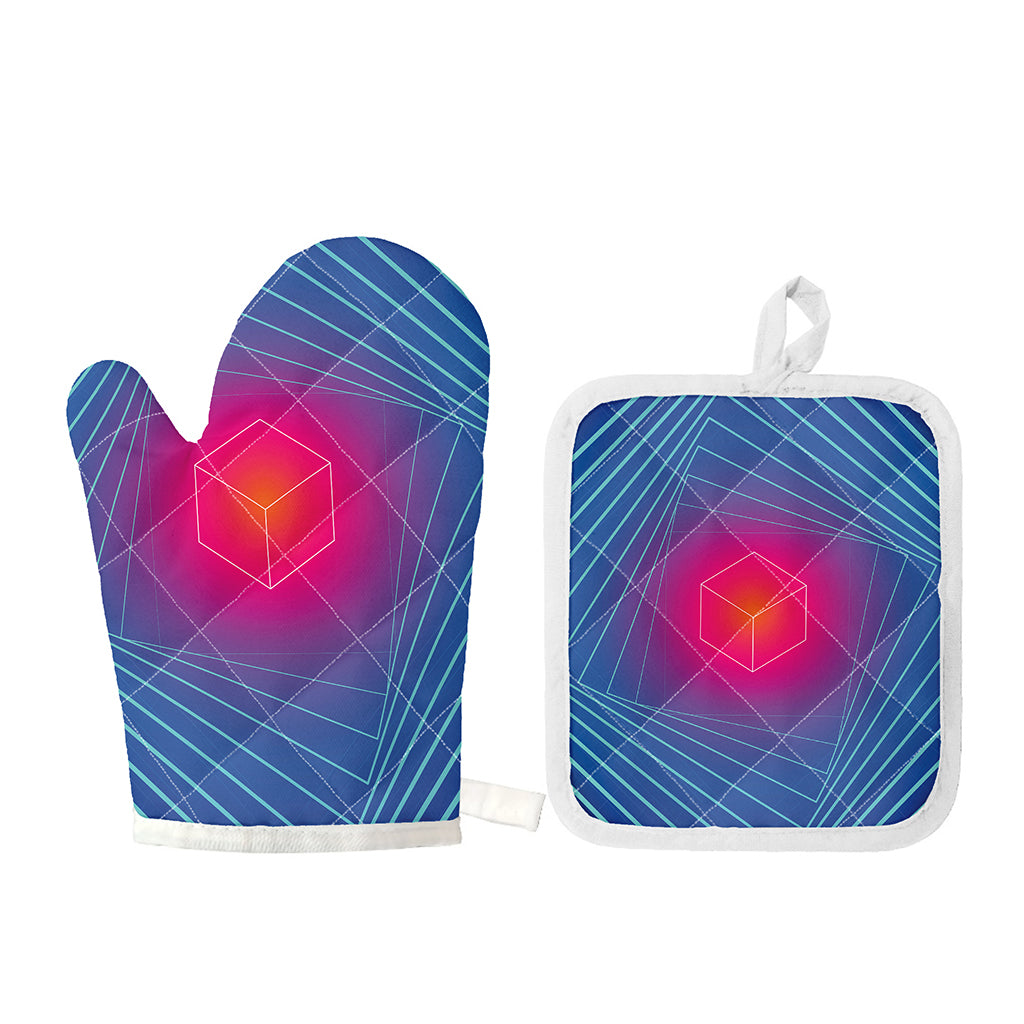 Blue Geometric EDM Light Print Oven Mitt And Pot Holder Set