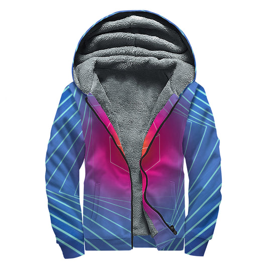 Blue Geometric EDM Light Print Sherpa Lined Zip Up Hoodie
