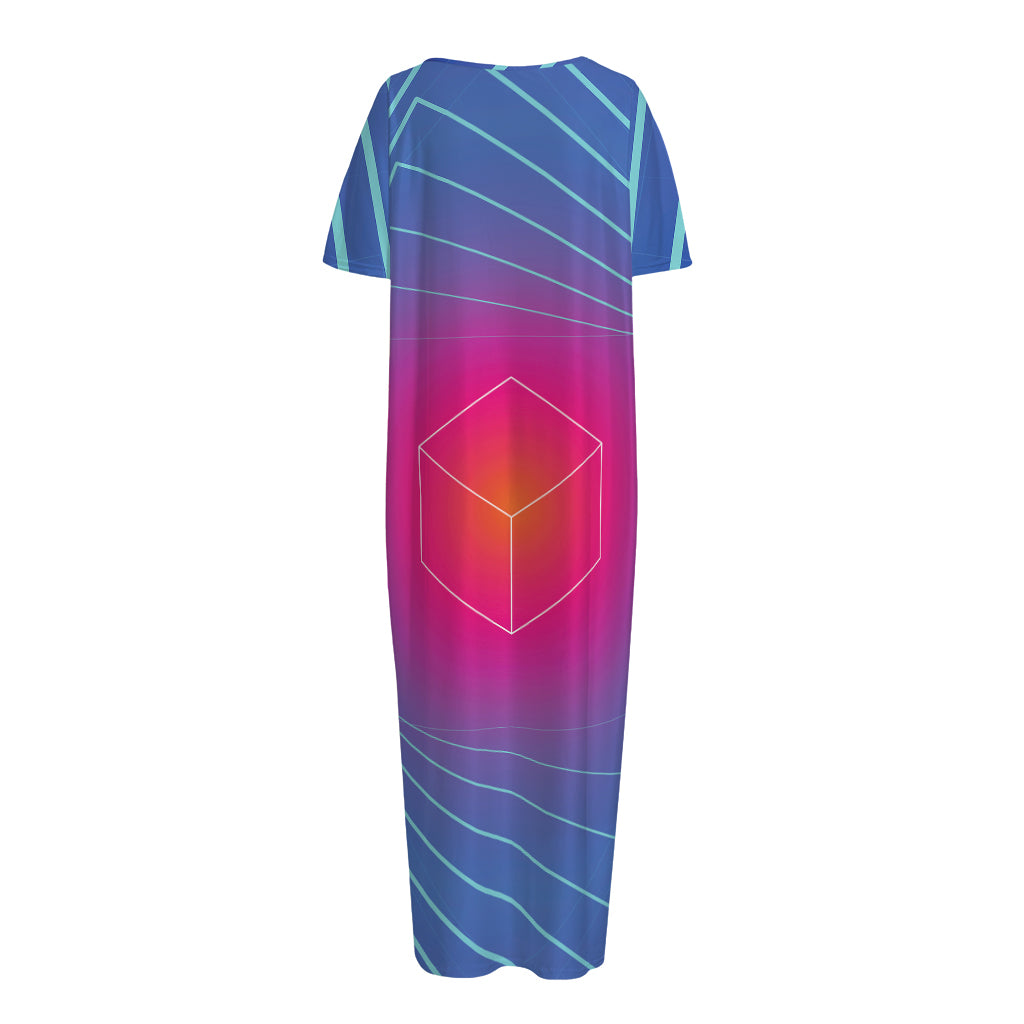 Blue Geometric EDM Light Print Short Sleeve Long Nightdress