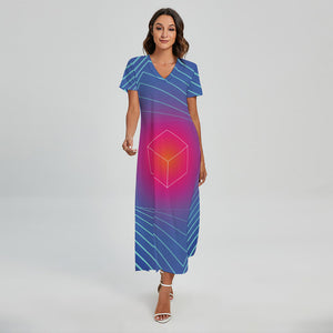 Blue Geometric EDM Light Print Short Sleeve Maxi Dress