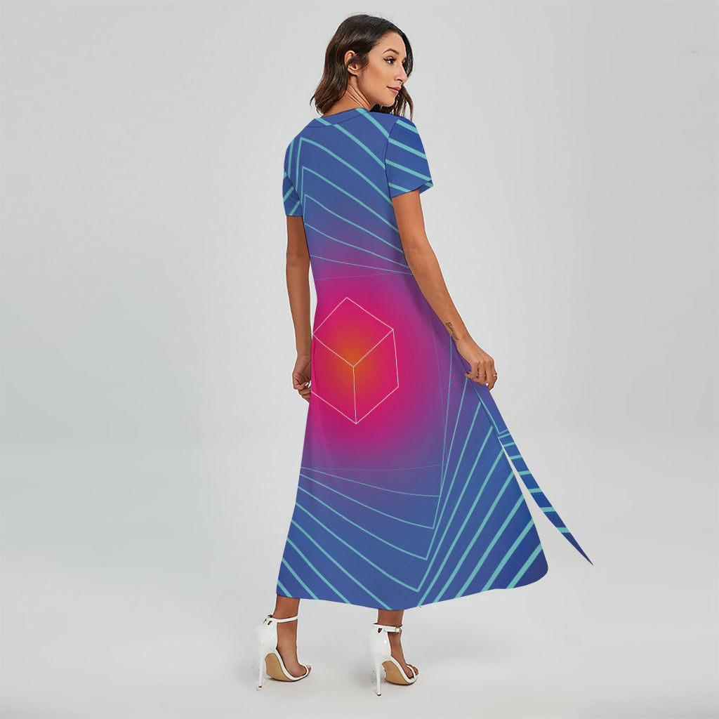 Blue Geometric EDM Light Print Short Sleeve Maxi Dress