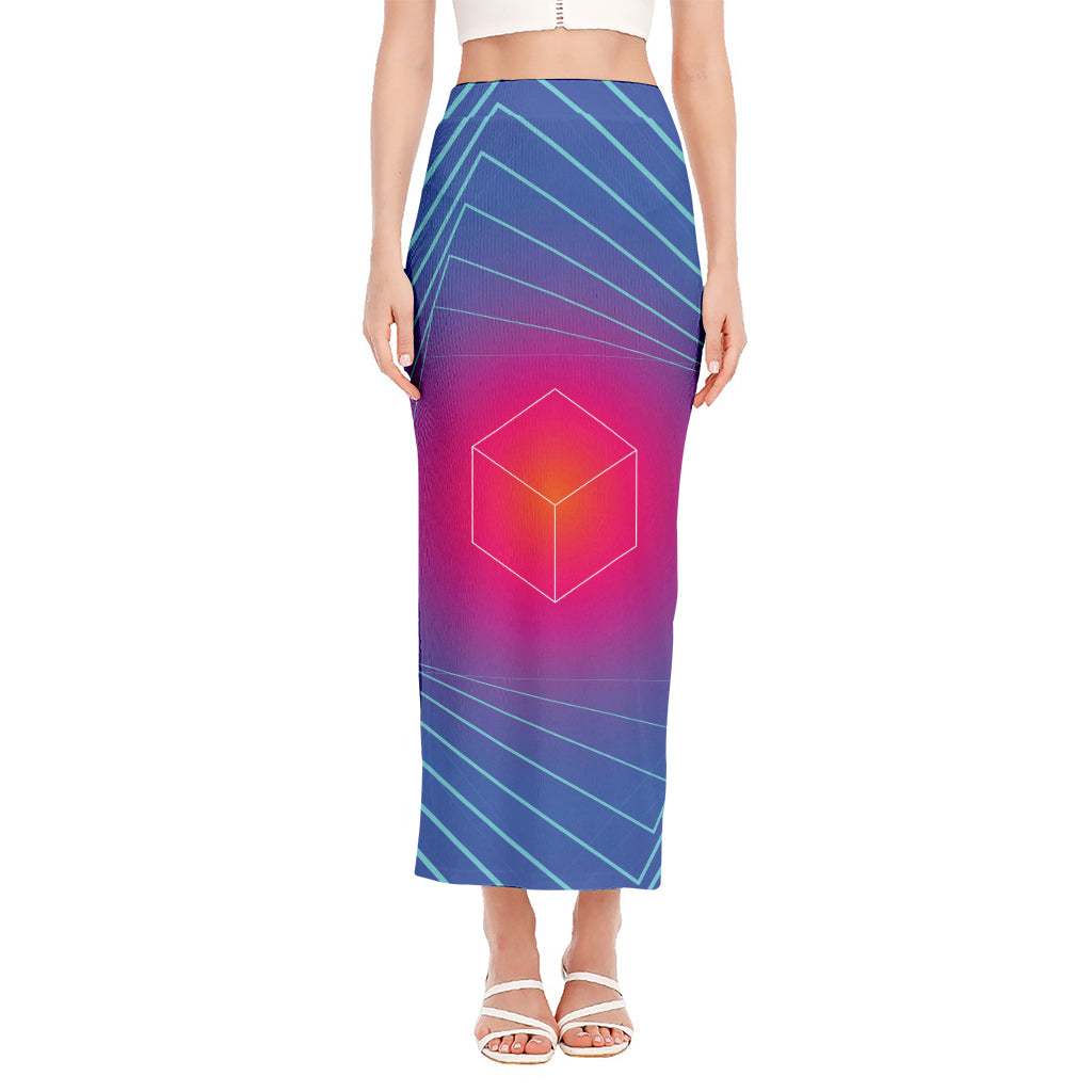 Blue Geometric EDM Light Print Side Slit Maxi Skirt