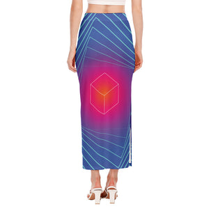 Blue Geometric EDM Light Print Side Slit Maxi Skirt