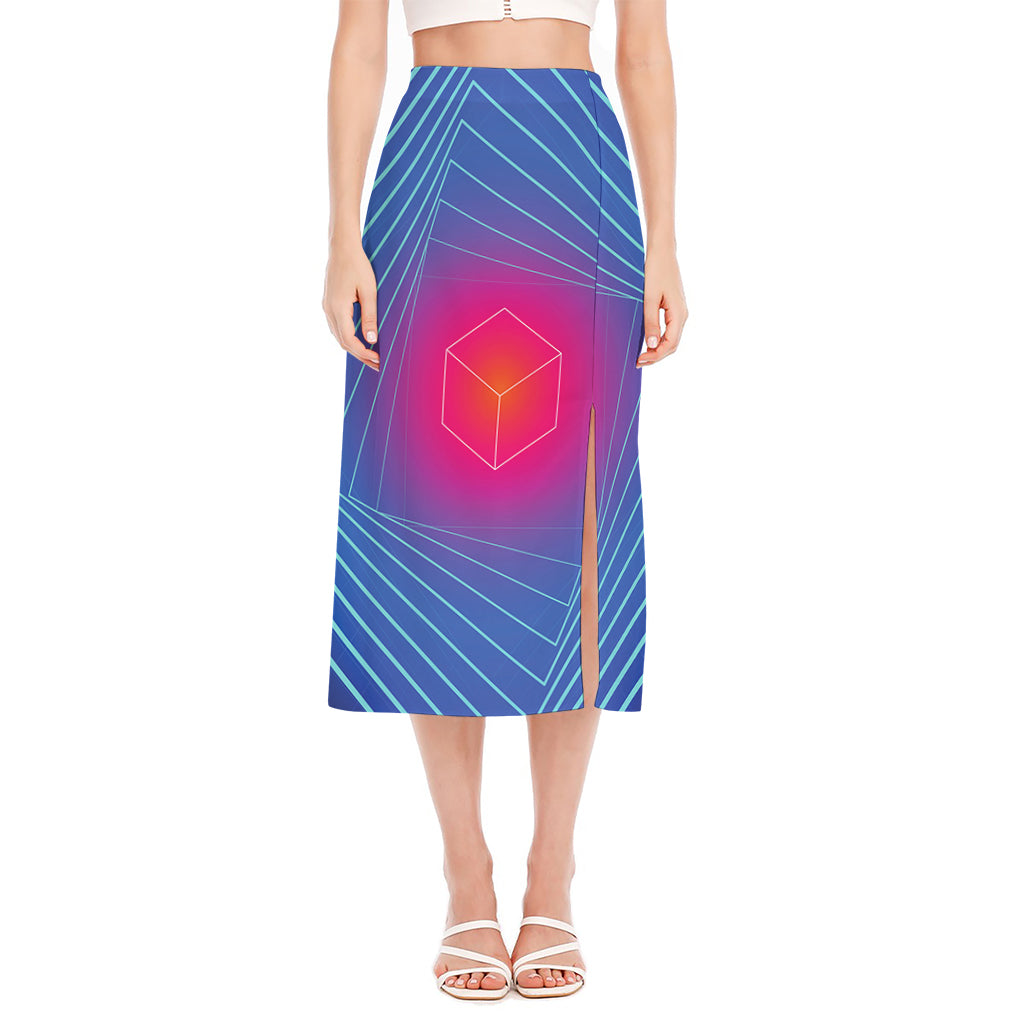 Blue Geometric EDM Light Print Side Slit Midi Skirt