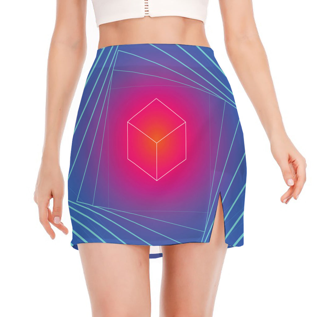 Blue Geometric EDM Light Print Side Slit Mini Skirt