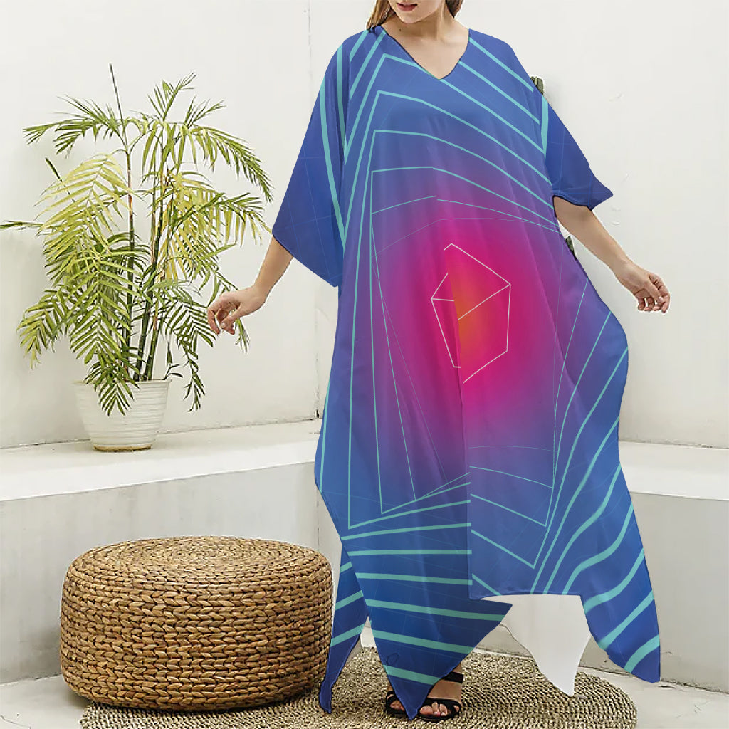 Blue Geometric EDM Light Print Silk V-Neck Kaftan Dress