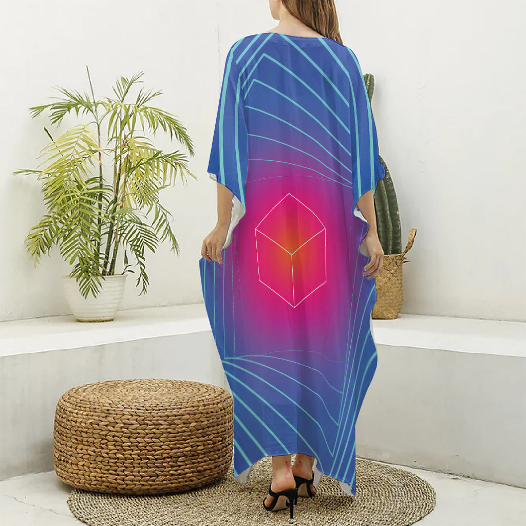 Blue Geometric EDM Light Print Silk V-Neck Kaftan Dress