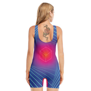 Blue Geometric EDM Light Print Sleeveless One Piece Swimsuit