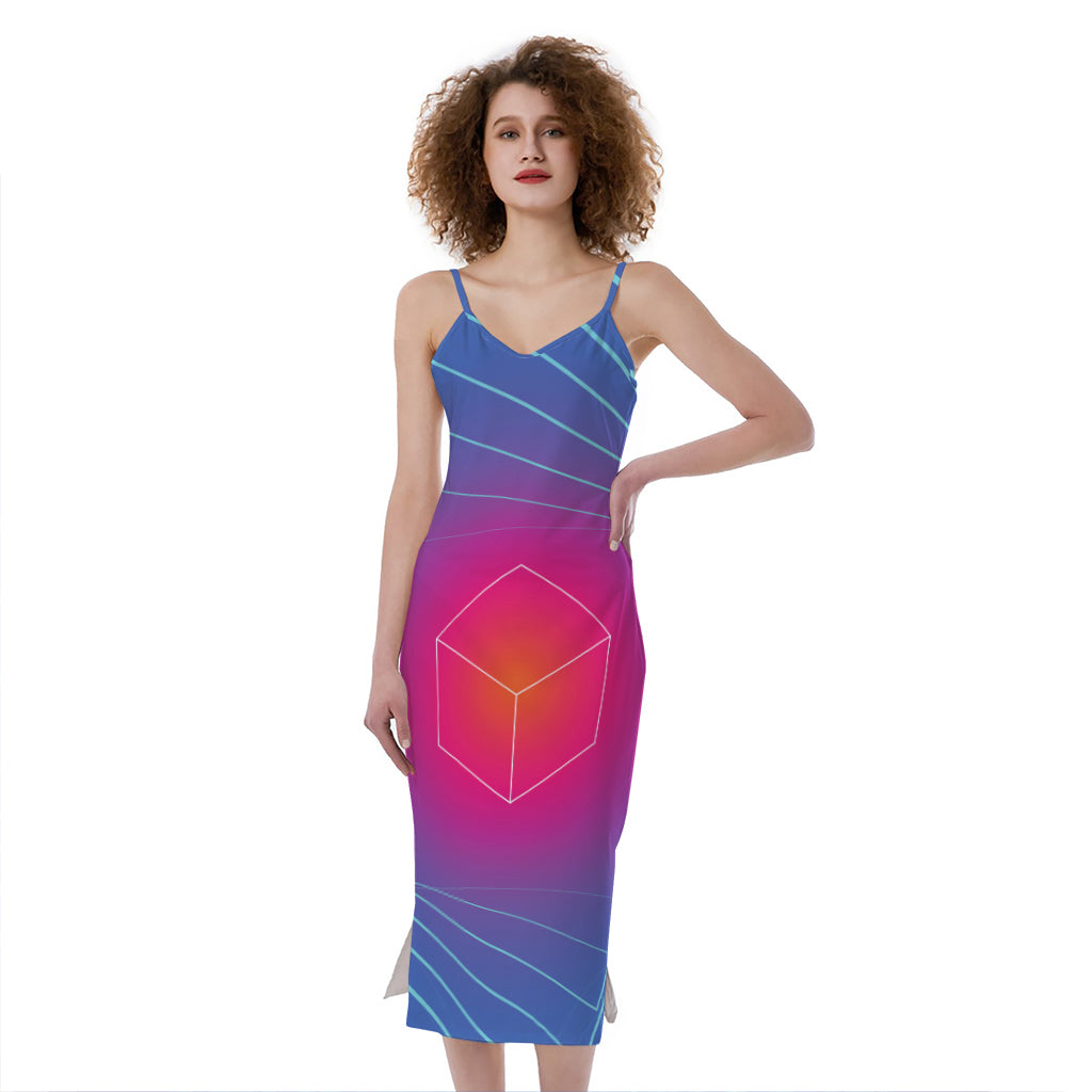 Blue Geometric EDM Light Print Slim Fit Midi Cami Dress