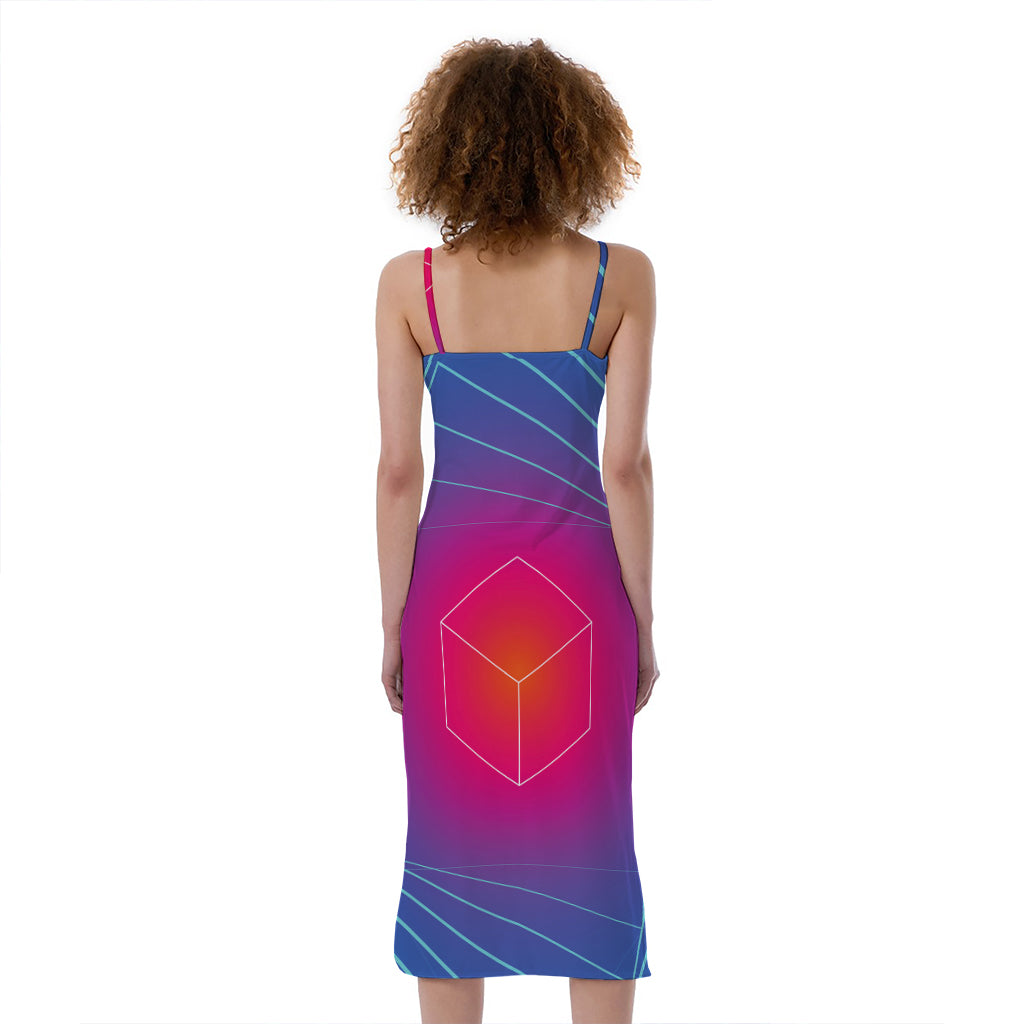 Blue Geometric EDM Light Print Slim Fit Midi Cami Dress