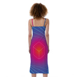 Blue Geometric EDM Light Print Slim Fit Midi Cami Dress